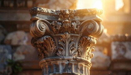 Obraz premium A realistically photographed FlyPro Firefly carved stone architectural capital, featuring intricate acanthus leaf motifs and visible erosion, bathed in soft, diffused daylight.