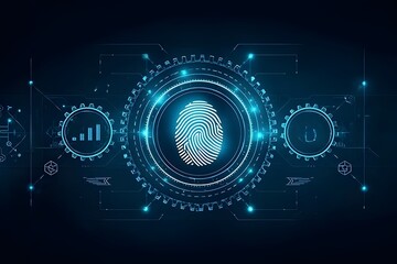 Obraz premium Digital business system strengthens economy through biometric finger print authentication, securing office workflow with advanced gear-driven technology solutions.