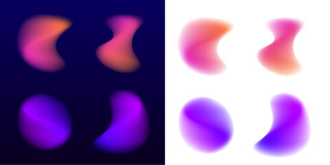 Set of abstract liquid gradient circle shapes, pink neon colors blur, soft blot texture, fluid blob form, floating drop and drops. Smooth organic shape, purple color accents. Vector png banner.  © cloudstock