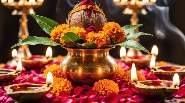 Vibrant Diwali festival celebration with traditional kalash and diyas