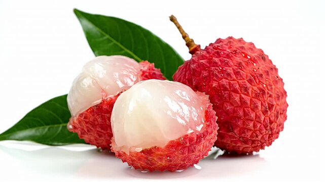 Fresh lychee fruits with green leaf on white background