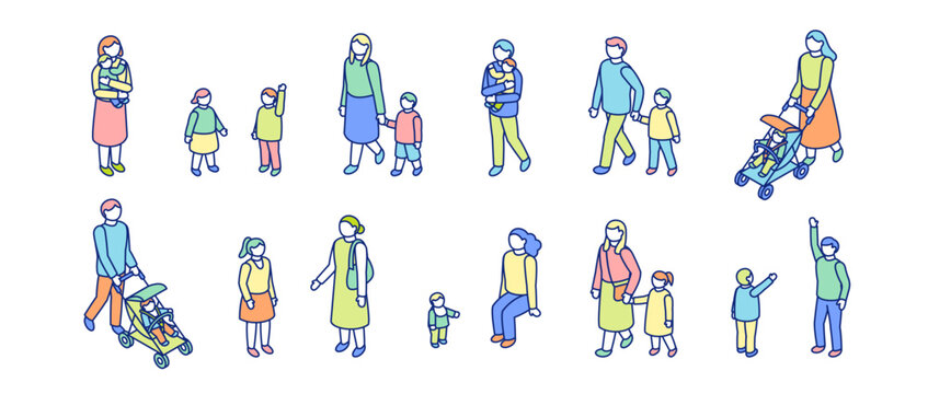 アイソメトリックの人物イラストセット。子育てをしている父親と母親。手を繋いで散歩散歩する親子。親と子供のさまざまなシチュエーション。