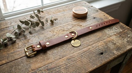Naklejka na ściany i meble Premium leather pet collar with ID tag on rustic wooden table 