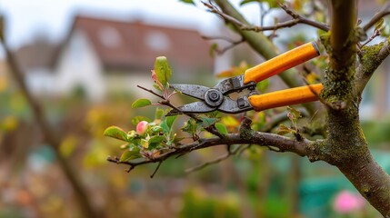 Pruning Shears Cutting Branches on a Fruit Tree in a Lush Garden Setting in Early Spring with Blooms and New Growth in the Background