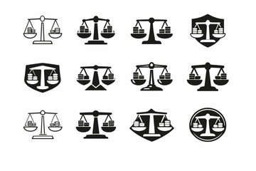 Risk management in investments. Icon set. Set Logo of Risk management in investments: balance scale with coins. harmonious logo variations of the