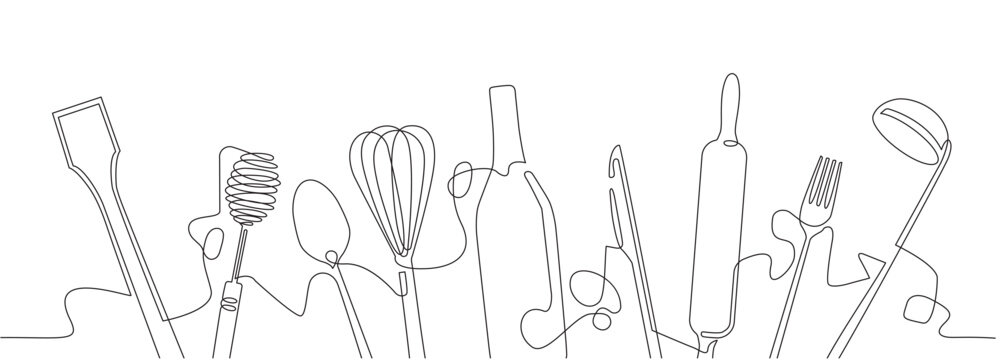 Cooking. Linear art with Utensils. Continuous line drawing style. Culinary background.  Vector illustration.