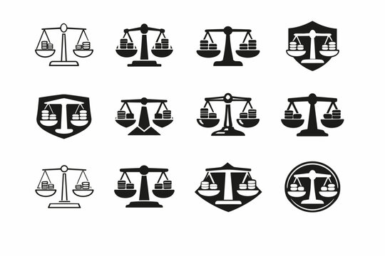 Risk management in investments. Icon set. Set Logo of Risk management in investments: balance scale with coins. harmonious logo variations of the