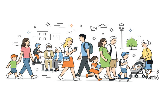 Multigenerational public scenes in urban spaces. Different age groups pass through the same street or square, walking at varied paces. Everyday diversity shown