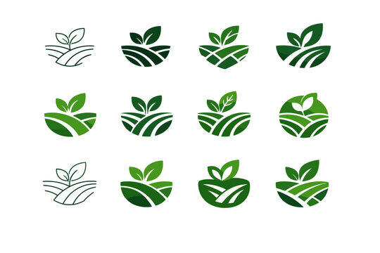 Eco-friendly farming techniques for small-scale farms. Icon set. Set Logo of Eco-friendly farming techniques for small-scale farms: organic crop rows with