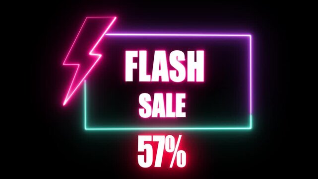 Neon Flash Sale 57 Percent Discount Announcement with Lightning Bolt Graphic in Style