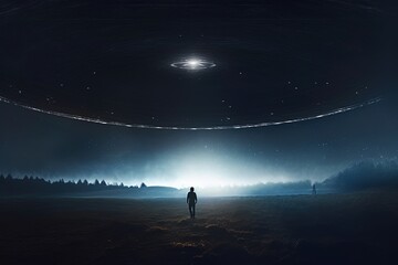 Fototapeta premium Alien UFO Encounter Over Mountain Landscape at Night – Sci Fi Concept Scene