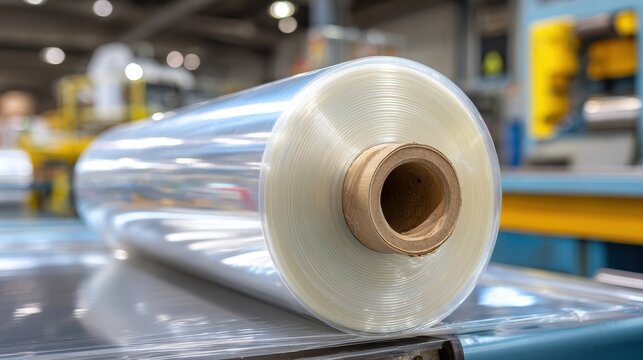 Industrial roll of transparent plastic stretch film for packaging and shipping in a factory warehouse