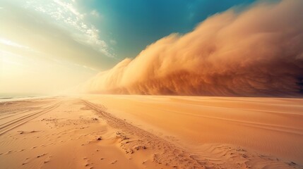 Dramatic sandstorm approaching  vast desert dunes under clear sky in an expansive panoramic view