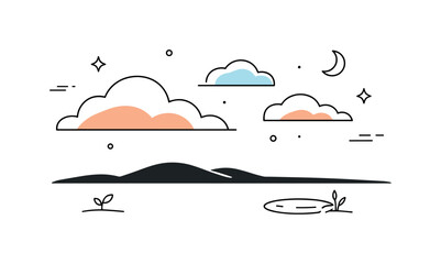 Morning sky balance. A wide sky with soft clouds touched by early light above a minimal land shape. Peaceful composition focused on space and