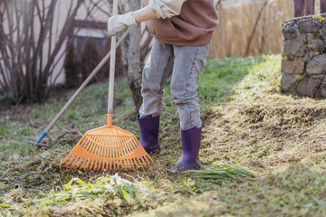 Young woman raking dry leaves and grass in the backyard of her countryside house on a sunny spring day