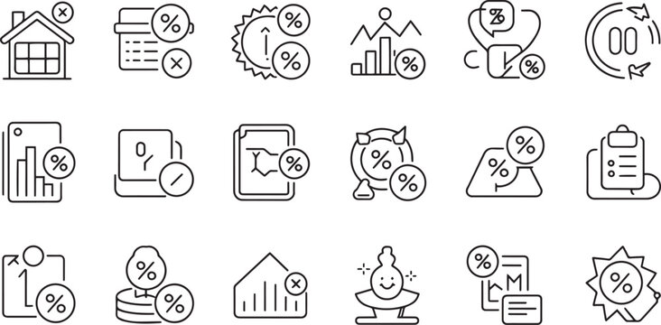 Collection of financial and percentage related icons representing different concepts such as costs discounts or rates
