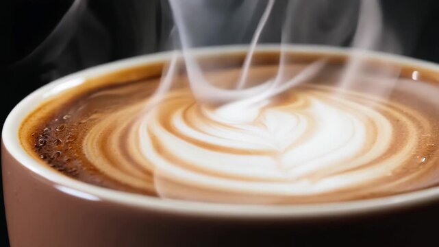 Steaming cup of coffee with intricate latte art design, showcasing swirling patterns of milk and coffee in a ceramic mug against a dark background