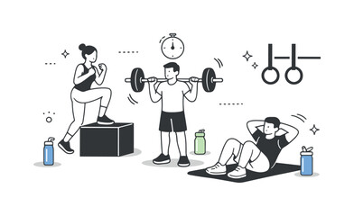 Hydration strategies during training. A gym scene with water bottles placed at different workout stations, easy access and consistent