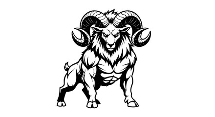 A powerful, muscular ram with large, curled horns stands defiantly, showcasing its strength and imposing presence. © emiloo