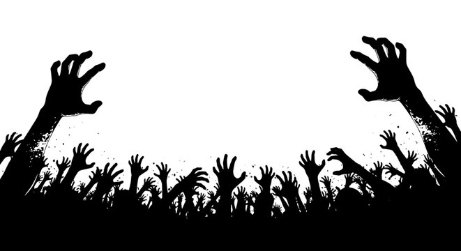 A crowd of silhouetted hands reaching up against a white background, evoking a sense of urgency or a zombie apocalypse.