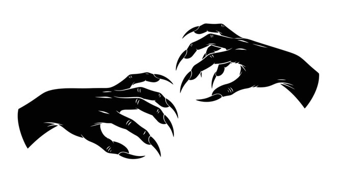 Two black silhouette hands with long, sharp, menacing claws reaching out against a white background.