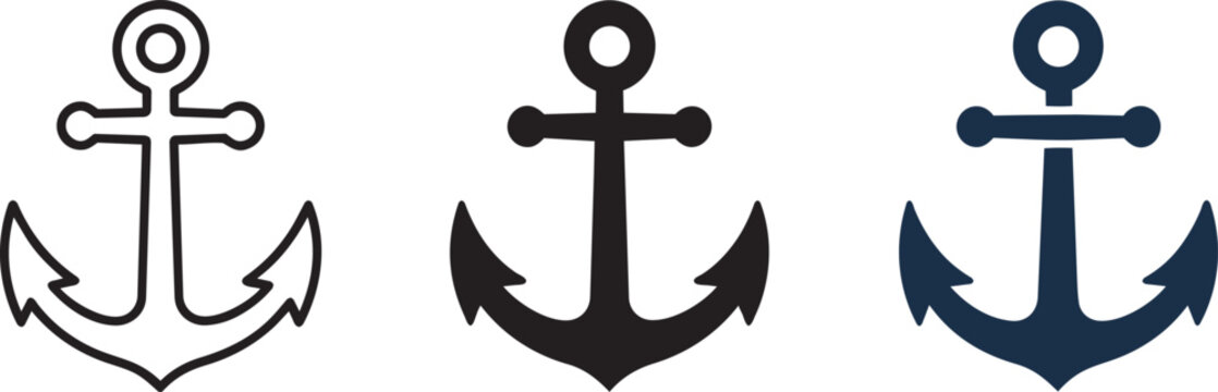Nautical ship anchor icon set featuring outline silhouette and colored flat vector illustrations