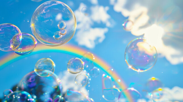 Spherical soap bubbles on blurred background of rainbow, blue sky, whity flufy clouds with bokeh effect. Short-lived attractive forms.