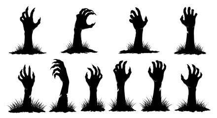 Collection of Silhouetted Zombie Hands Emerging from the Ground with Grass.