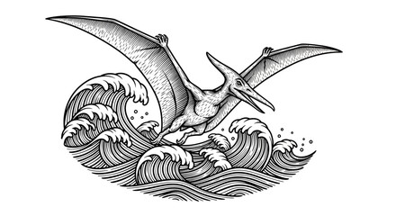 A detailed black and white illustration of a Pterodactyl flying over crashing ocean waves, rendered in a vintage woodcut style. © emiloo