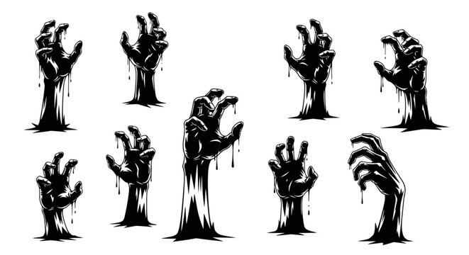 A collection of spooky, dripping zombie hands emerging from the ground, rendered in a black silhouette style.