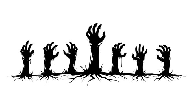 A group of zombie hands emerging from the ground, symbolizing horror and the undead.
