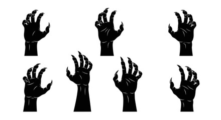 Collection of eight black silhouette illustrations of monster or creature hands with sharp claws extended.