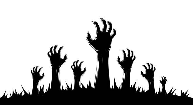 Silhouette of multiple zombie hands emerging from the ground on a white background.