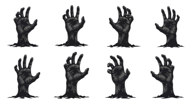 Eight detailed illustrations of black zombie hands emerging from the ground, each with a unique pose and claw-like fingers.