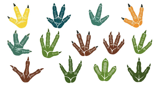A collection of colorful dinosaur footprints in various shades of green, yellow, orange, and brown, showcasing different claw and toe arrangements.