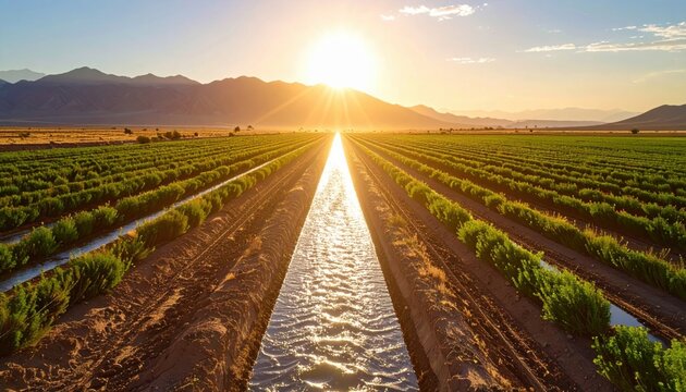 Stunning high-resolution photographic view of an intricate irrigation channel network delivering vital water to arid farmland during a golden sunset.