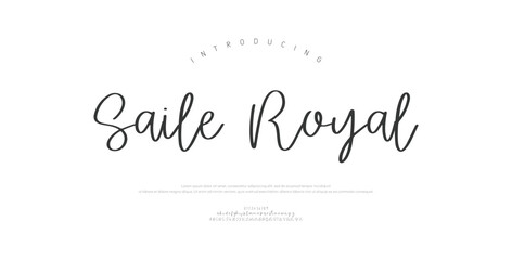 Obraz premium Saile Royal, Script luxury wedding alphabet letters font with tails. Typography elegant classic serif fonts and number decorative vintage retro concept for logo branding. vector illustration 