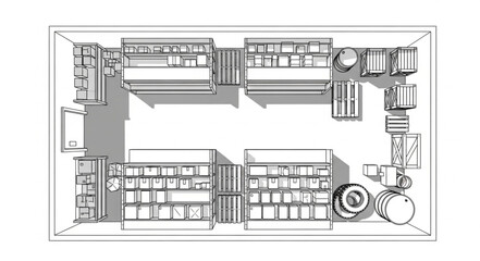 Detailed overhead view of a commercial kitchen layout with equipment.