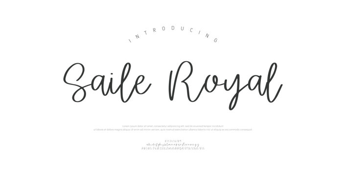 Saile Royal, Script luxury wedding alphabet letters font with tails. Typography elegant classic serif fonts and number decorative vintage retro concept for logo branding. vector illustration
