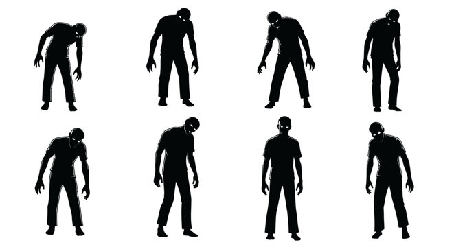 A collection of eight silhouette illustrations of zombies in various poses, depicting their characteristic shambling gait and hunched posture.