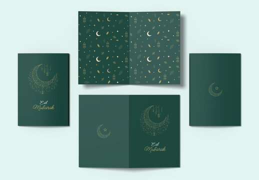 Luxury Green Eid Mubarak Greeting Card Design with Pattern Illustration Layout