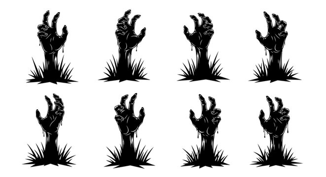Eight black silhouette zombie hands emerging from the ground with grass.