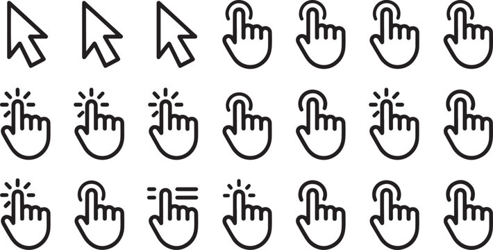 Collection of hand cursors and arrow pointers representing computer interaction and selection actions on a transparent background