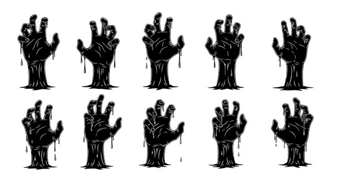 A collection of ten black silhouette zombie hands emerging from the ground, dripping with a dark, viscous substance.