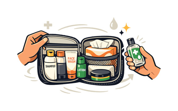 Prepared and cared for. Compact hygiene kit with travel-size products, tissues, and