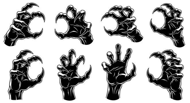 Collection of eight black monster claw hand illustrations in various poses, showcasing sharp talons and skeletal fingers.