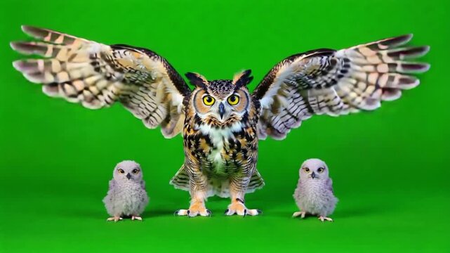 A video showcasing a majestic owl with its two adorable chicks standing together on a green background