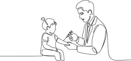Single continuous line drawing of young male pediatric doctor giving injection to toddler girl patient at hospital. Medical health care treatment concept. one line Icon drawing