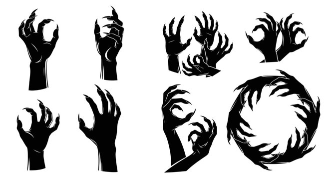 Collection of black silhouette illustrations of monstrous hands with sharp claws, depicting various menacing gestures and formations.
