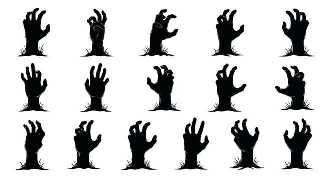 A collection of 15 black silhouette illustrations of zombie hands emerging from the ground.